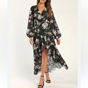 Lulu’s Feeling Cherished Ruffled Wrap Maxi Dress S Navy Blue Floral Print